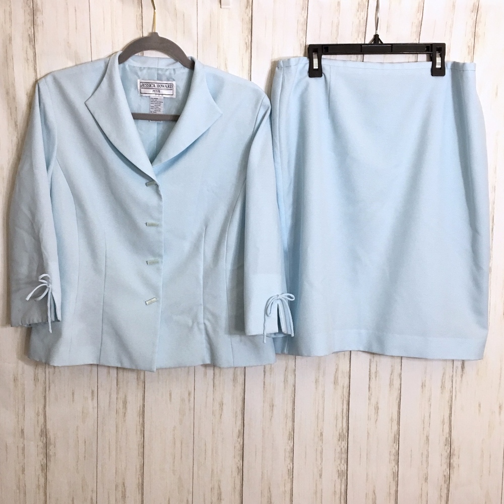 Vintage Sky Blue Gingham Print 2-Piece Skirt Suit